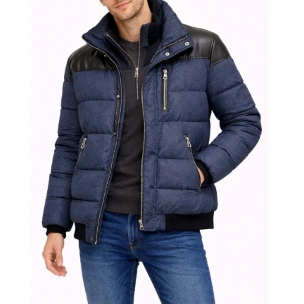 Noize Nick Men's Blue Detachable‎ Hood Faux Fur Trim Puffer Bomber Jacket Size L
